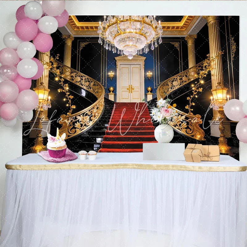 Lofaris Luxury Grand Staircase Photography Backdrop with Red Carpet and Gold Railings Elegant Royal Mansion Background for Formal Events