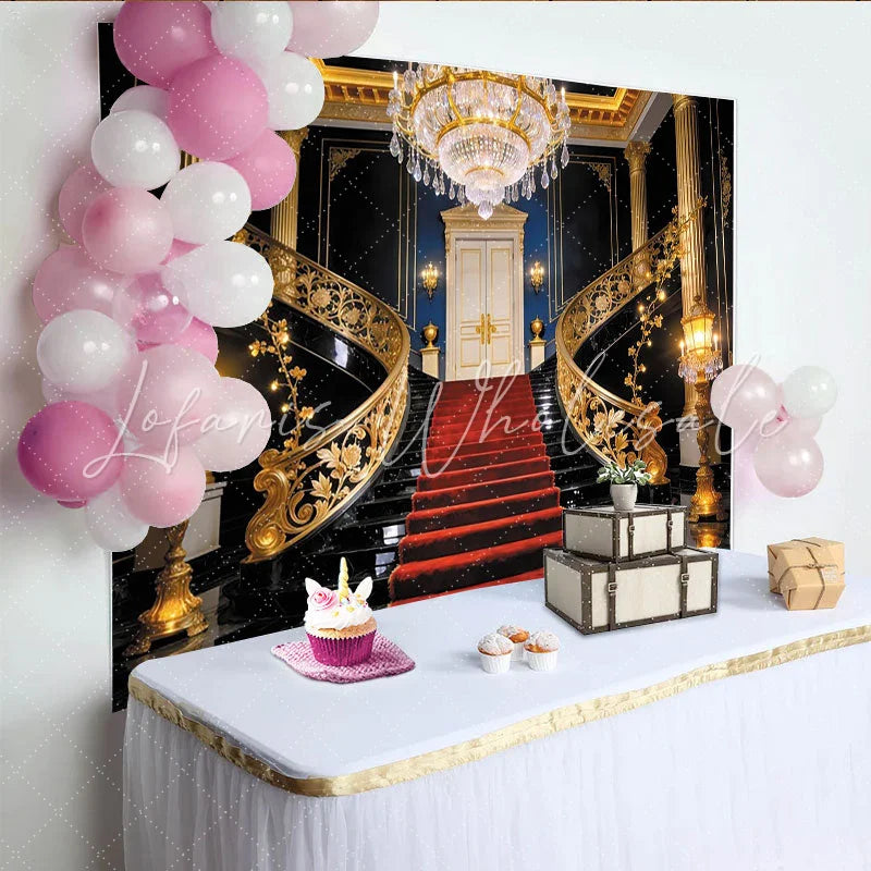Lofaris Luxury Grand Staircase Photography Backdrop with Red Carpet and Gold Railings Elegant Royal Mansion Background for Formal Events