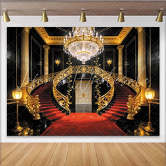 Lofaris Luxury Grand Staircase Photography Backdrop with Red Carpet and Golden Railings Opulent Studio Background for Event Decor