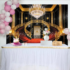 Lofaris Luxury Grand Staircase Photography Backdrop with Red Carpet and Golden Railings Opulent Studio Background for Event Decor