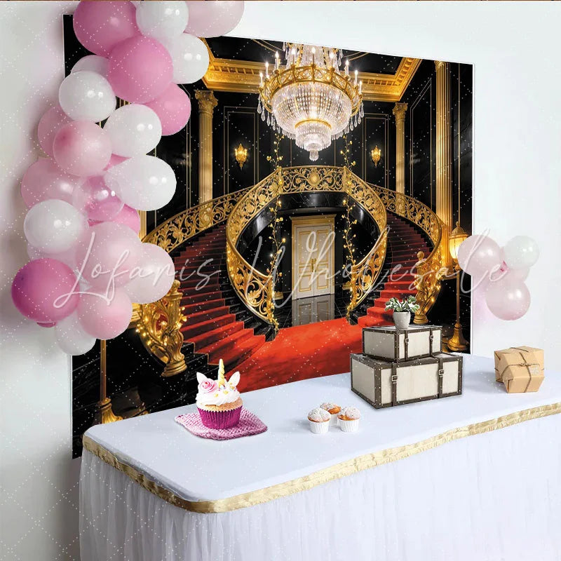 Lofaris Luxury Grand Staircase Photography Backdrop with Red Carpet and Golden Railings Opulent Studio Background for Event Decor