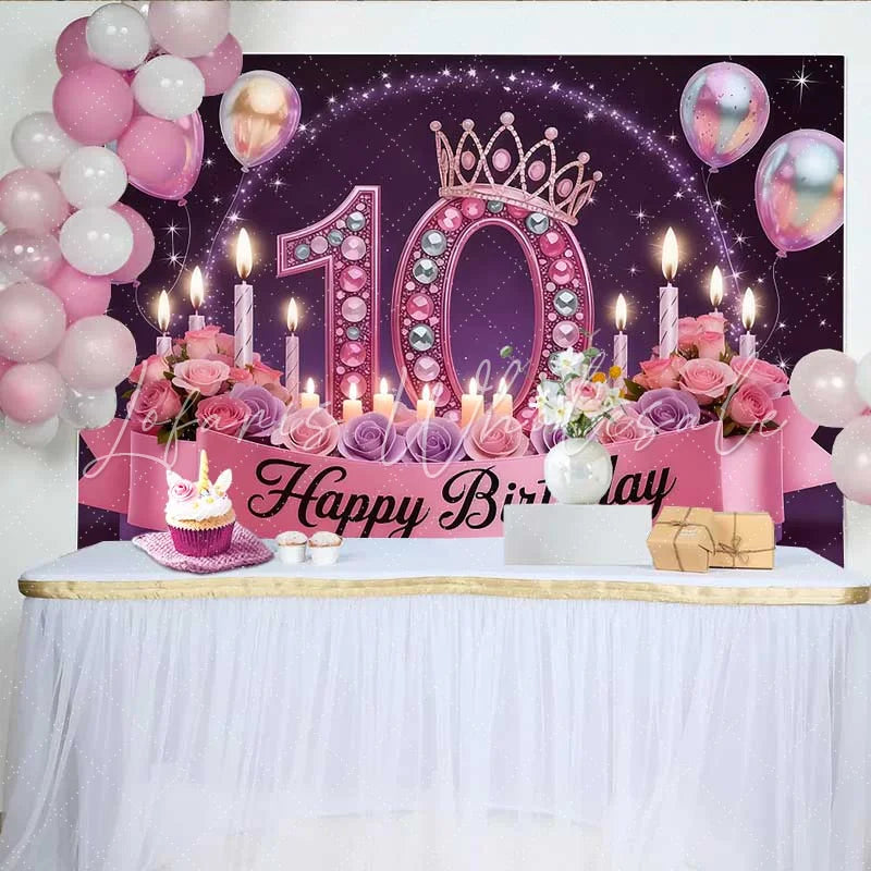 Lofaris Luxury Pink 10th Birthday Backdrop Jeweled Crown and Roses Princess Party Banner