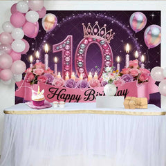 Lofaris Luxury Pink 10th Birthday Backdrop Jeweled Crown and Roses Princess Party Banner
