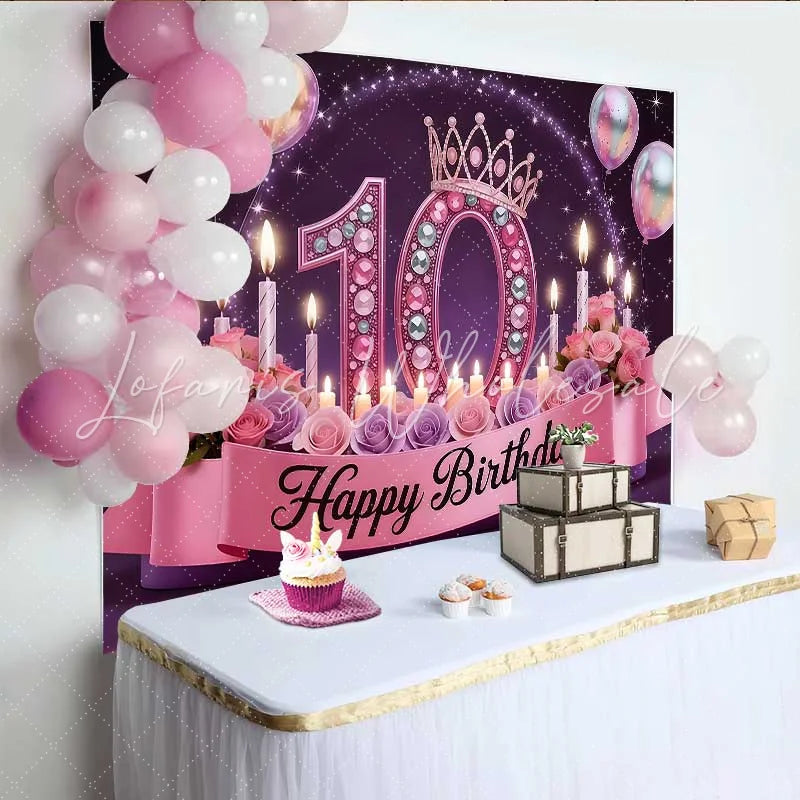 Lofaris Luxury Pink 10th Birthday Backdrop Jeweled Crown and Roses Princess Party Banner