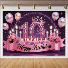 Lofaris Luxury Pink 10th Birthday Backdrop Jeweled Crown and Roses Princess Party Banner