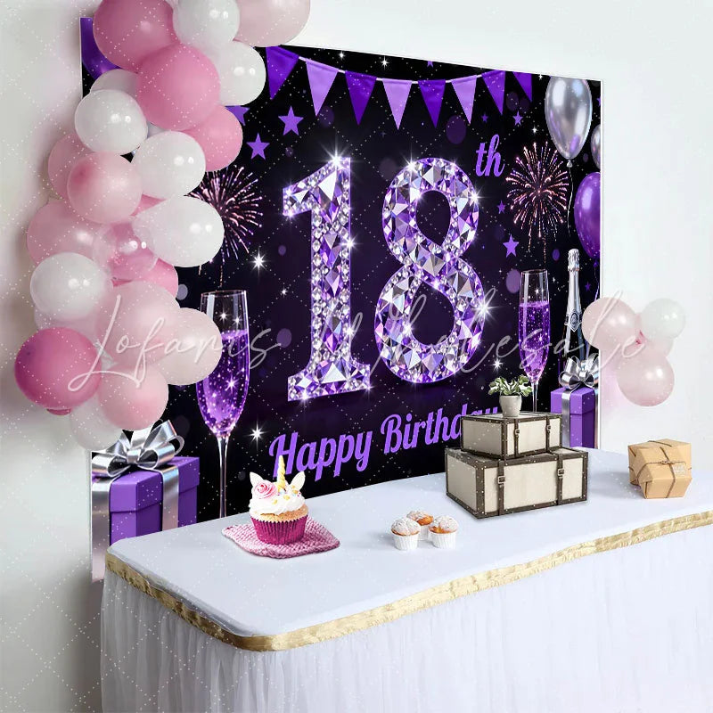 Lofaris Luxury Purple Diamond 18th Birthday Backdrop Purple Balloons and Champagne Background Anniversary Decor