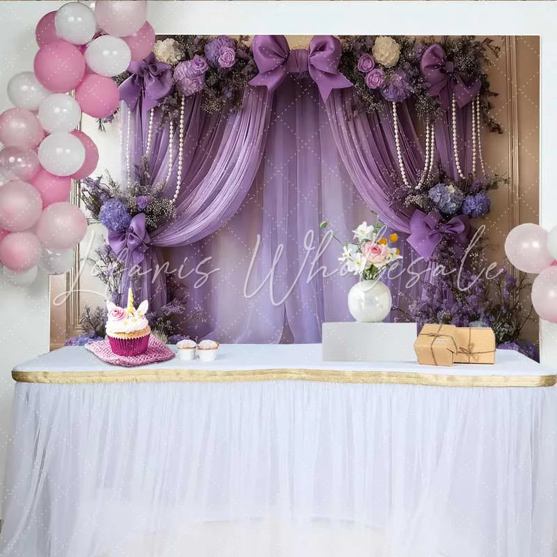 Lofaris Luxury Purple Wedding Backdrop Lavender Draping with Pink Bows and Pearl Accents