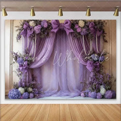 Lofaris Luxury Purple Wedding Backdrop Lavender Draping with Pink Bows and Pearl Accents