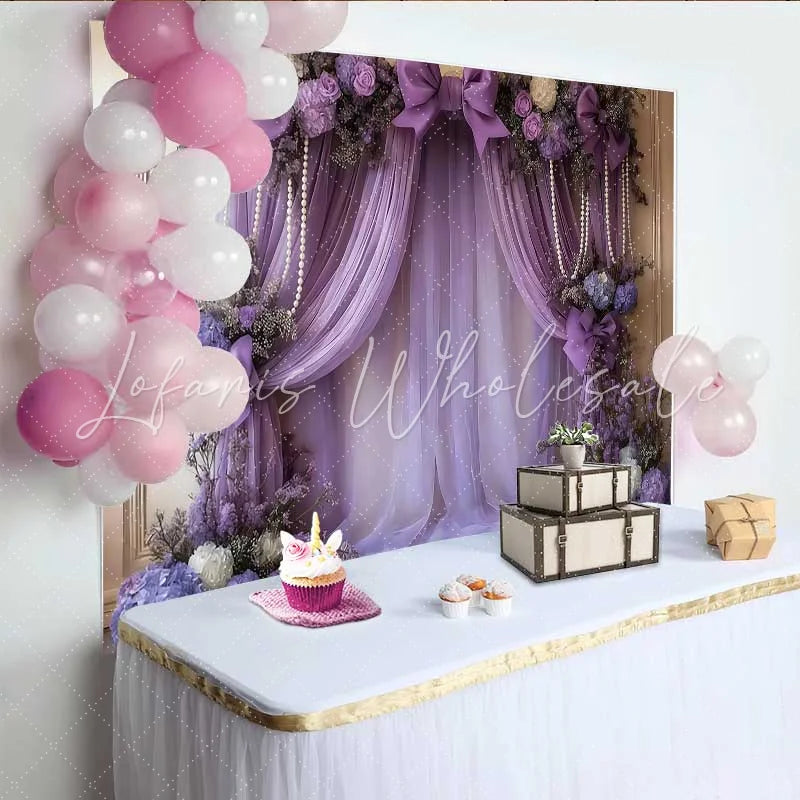 Lofaris Luxury Purple Wedding Backdrop Lavender Draping with Pink Bows and Pearl Accents