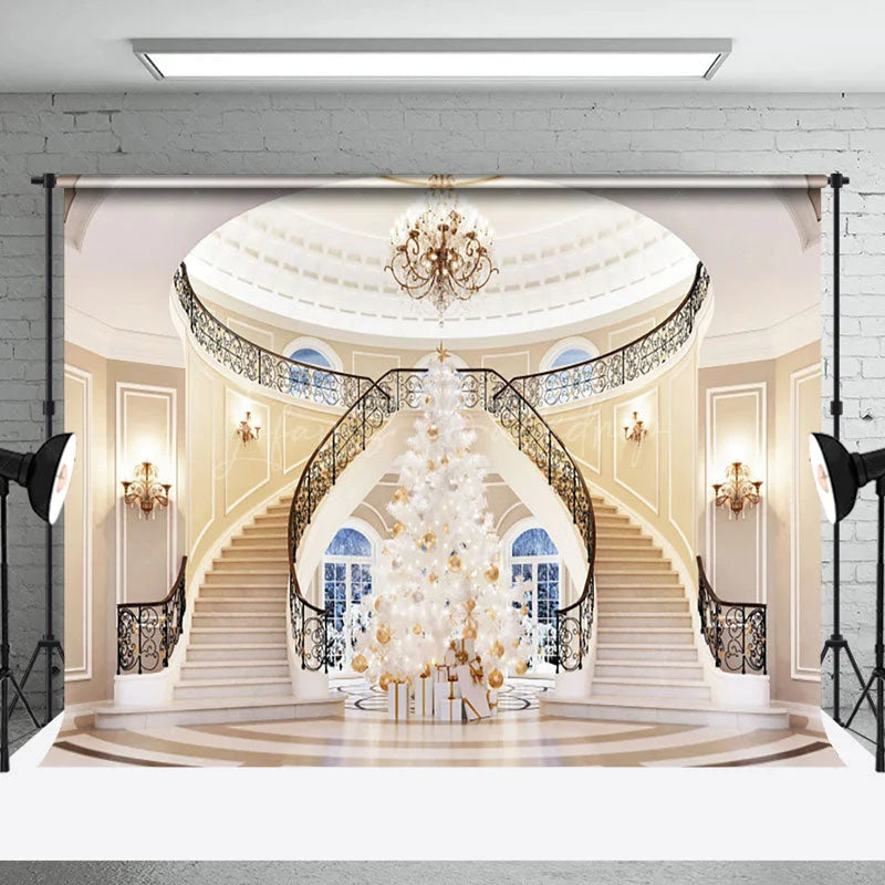 Lofaris Luxury Villa White Stairs Christmas Tree Backdrop