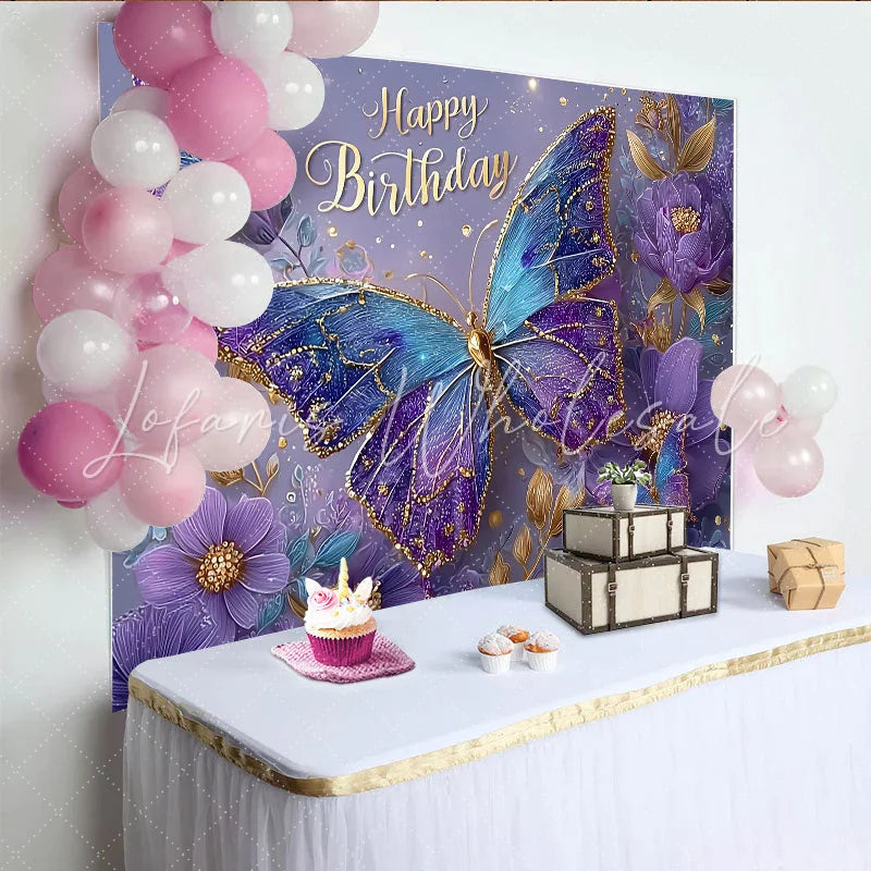 Lofaris Magical Blue and Purple Butterfly Birthday Backdrop Floral Sparkle Photography Background