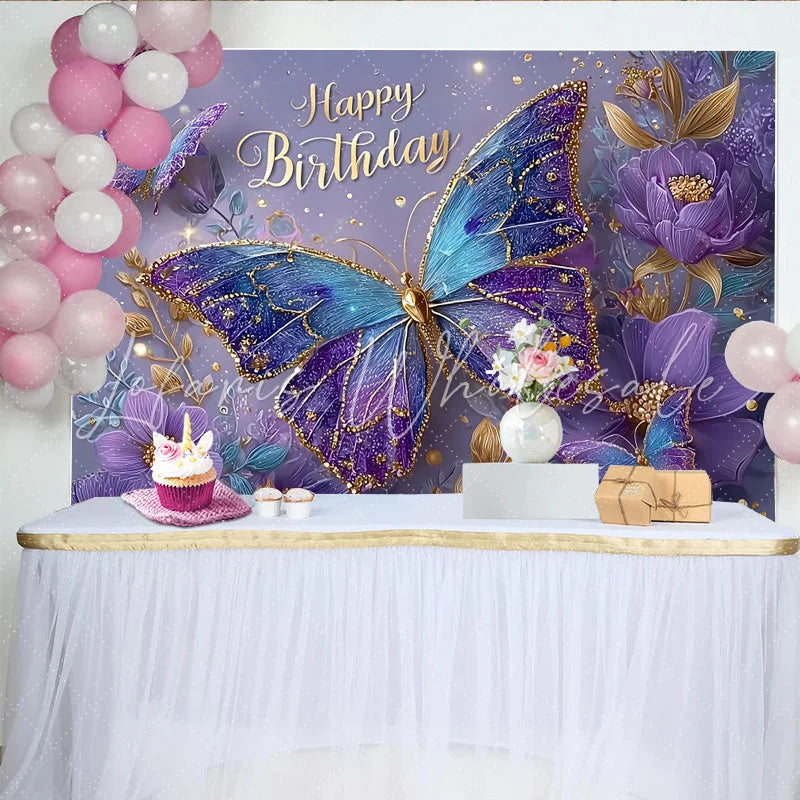 Lofaris Magical Blue and Purple Butterfly Birthday Backdrop Floral Sparkle Photography Background