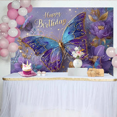 Lofaris Magical Blue and Purple Butterfly Birthday Backdrop Floral Sparkle Photography Background