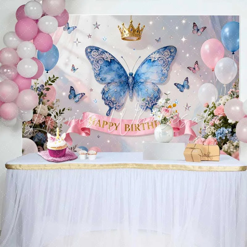 Lofaris Magical Blue Butterfly and Gold Crown Birthday Cake Smash Backdrop Happy Birthday Party Decor for Little Girls
