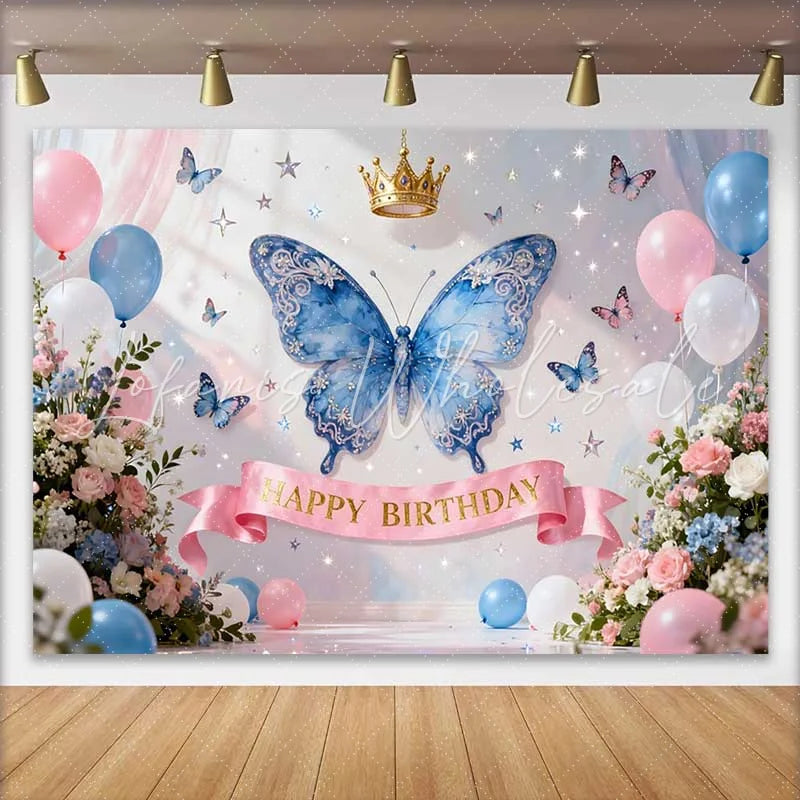 Lofaris Magical Blue Butterfly and Gold Crown Birthday Cake Smash Backdrop Happy Birthday Party Decor for Little Girls