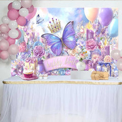 Lofaris Magical Blue Purple Butterfly Birthday Backdrop Crown Gift Box Party Background Girl Princess Photo Prop