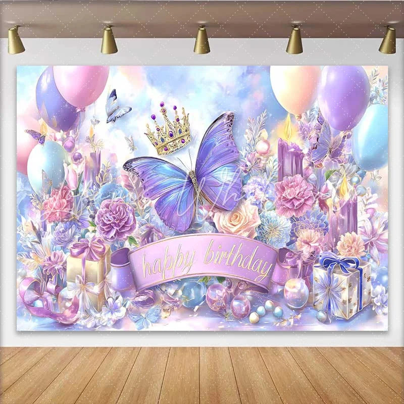 Lofaris Magical Blue Purple Butterfly Birthday Backdrop Crown Gift Box Party Background Girl Princess Photo Prop