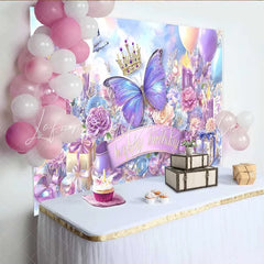 Lofaris Magical Blue Purple Butterfly Birthday Backdrop Crown Gift Box Party Background Girl Princess Photo Prop