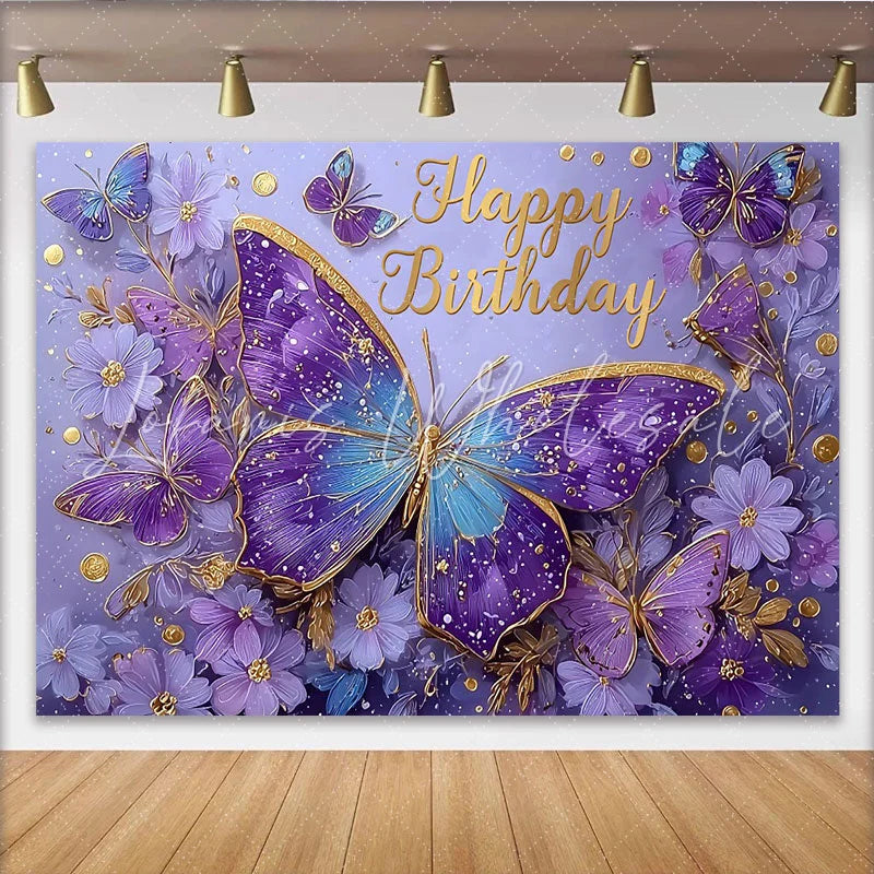 Lofaris Magical Butterfly Birthday Photography Backdrop Purple Gold Sparkle Photo Background