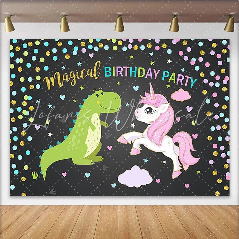 Lofaris Magical Dinosaur and Unicorn Birthday Backdrop with Confetti Cute Cartoon Party Background for Kids Photoshoot Decor