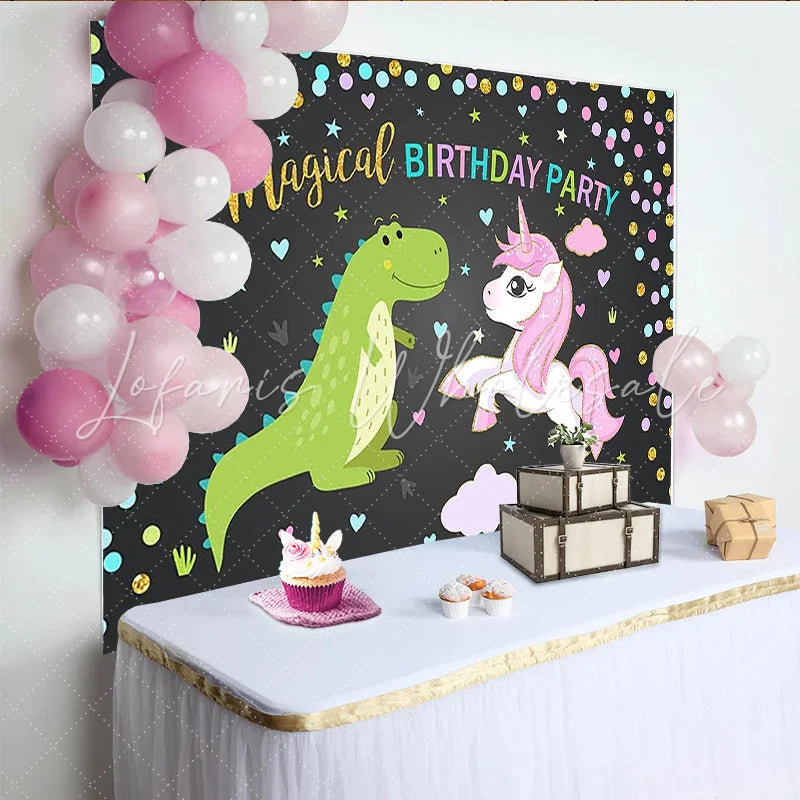Lofaris Magical Dinosaur and Unicorn Birthday Backdrop with Confetti Cute Cartoon Party Background for Kids Photoshoot Decor