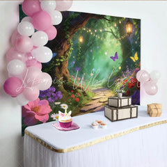 Lofaris Magical Enchanted Forest Backdrop with Butterflies and Glowing Lanterns Dreamy Floral Photography Background for Fairy Tale