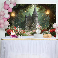 Lofaris Magical Enchanted Forest Castle Photography Backdrop Fairy Tale Scene with Glowing Lanterns and Flowers for Studio