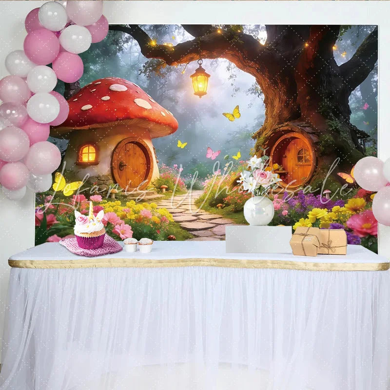 Lofaris Magical Fairy Tale Forest Photography Backdrop Whimsical Mushroom and Tree House Scene for Studio Photoshoot