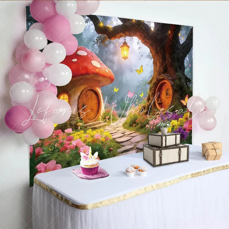 Lofaris Magical Fairy Tale Forest Photography Backdrop Whimsical Mushroom and Tree House Scene for Studio Photoshoot