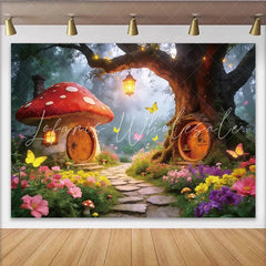 Lofaris Magical Fairy Tale Forest Photography Backdrop Whimsical Mushroom and Tree House Scene for Studio Photoshoot