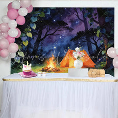 Lofaris Magical Forest Camping Night Sky Photography Backdrop with Glowing Tent and Campfire Dreamy Studio Background for Adventure Theme