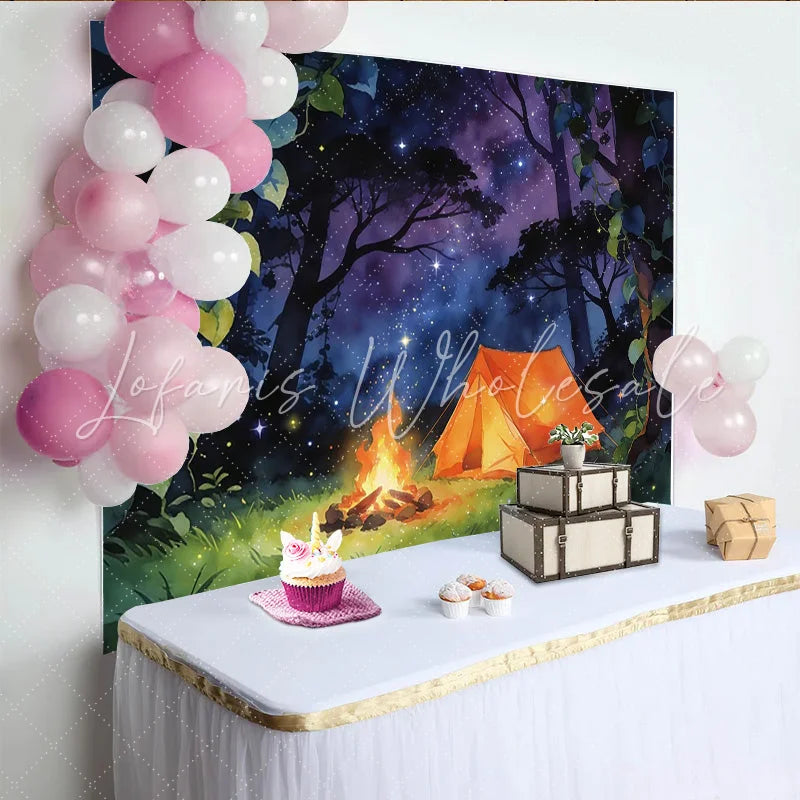 Lofaris Magical Forest Camping Night Sky Photography Backdrop with Glowing Tent and Campfire Dreamy Studio Background for Adventure Theme