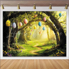Lofaris Magical Forest Easter Backdrop with Eggs and Winding Path Vibrant Spring Background for Holiday Party Decor