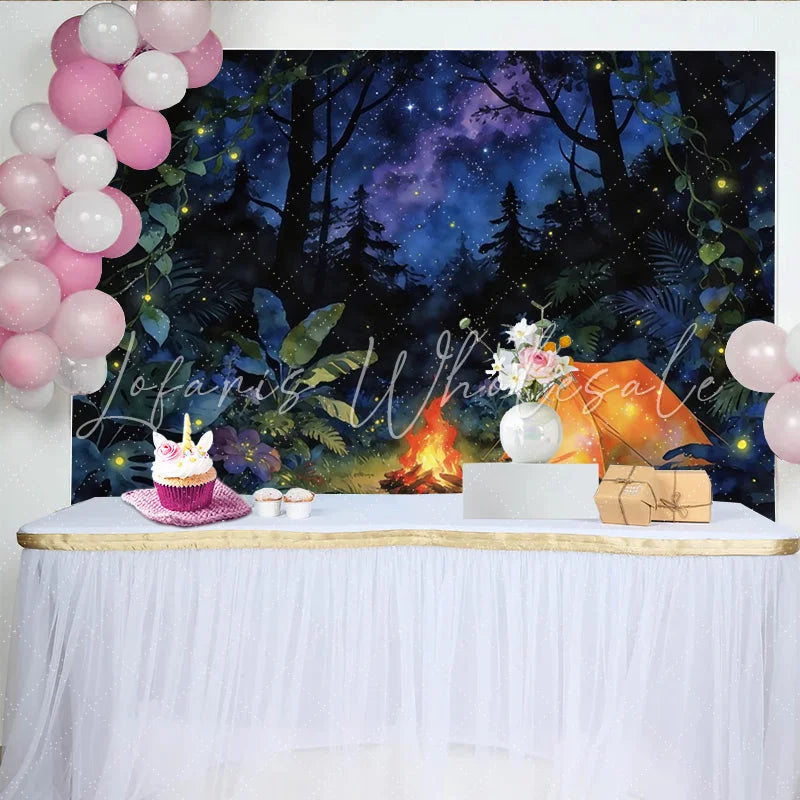 Lofaris Magical Forest Photography Backdrop with Glowing Tent and Starry Sky Enchanted Camping Background for Studio Photoshoot