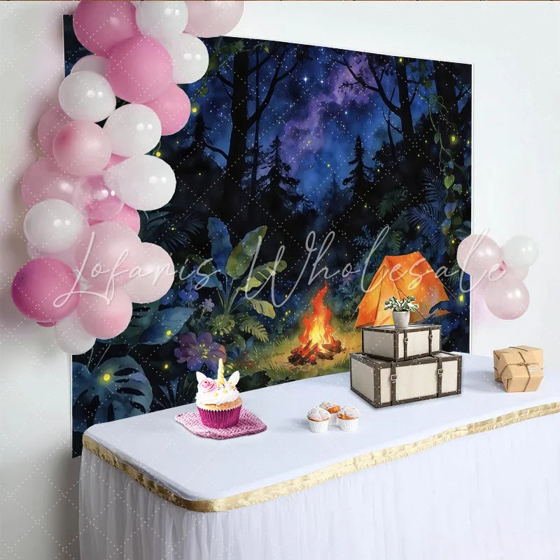 Lofaris Magical Forest Photography Backdrop with Glowing Tent and Starry Sky Enchanted Camping Background for Studio Photoshoot