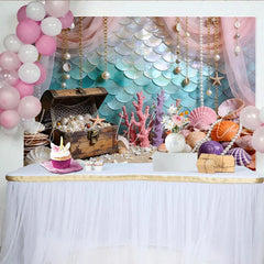 Lofaris Magical Mermaid Scale Photography Backdrop with Treasure Chest Vibrant Coral and Ocean Floor Background for Photoshoot Decor