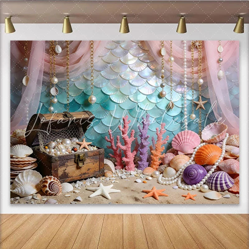 Lofaris Magical Mermaid Scale Photography Backdrop with Treasure Chest Vibrant Coral and Ocean Floor Background for Photoshoot Decor