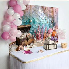 Lofaris Magical Mermaid Scale Photography Backdrop with Treasure Chest Vibrant Coral and Ocean Floor Background for Photoshoot Decor