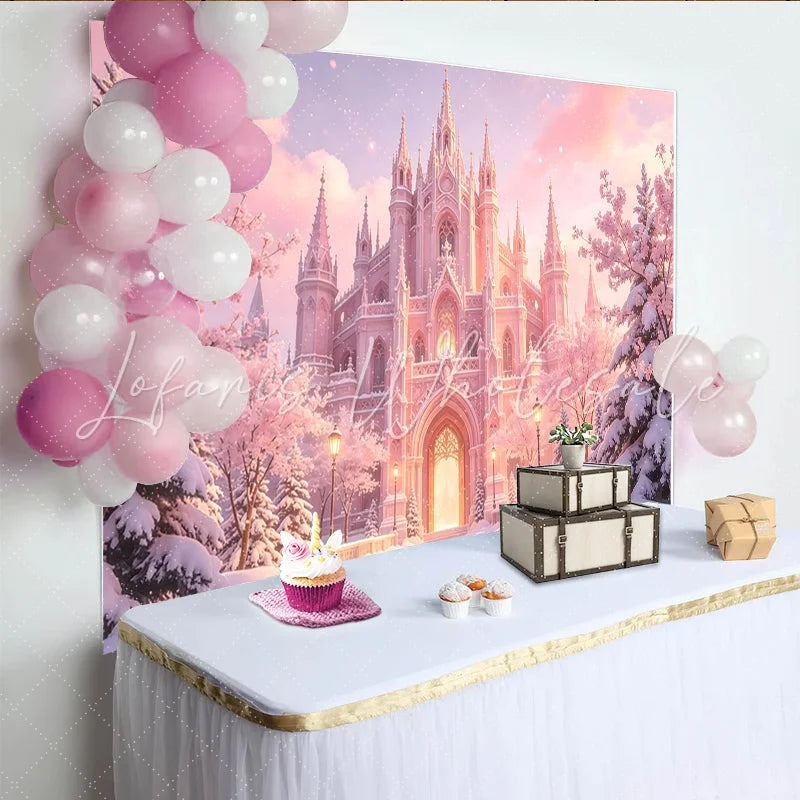 Lofaris Magical Pink Castle Photography Backdrop with Snowy Trees Enchanted Winter Background for Princess Photoshoot and Decor