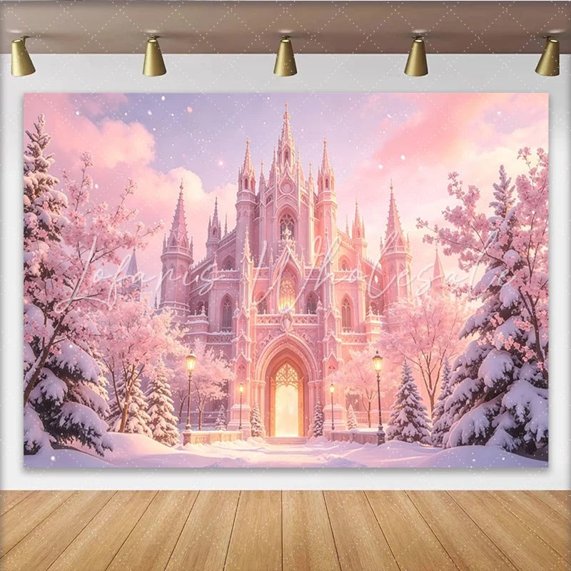 Lofaris Magical Pink Castle Photography Backdrop with Snowy Trees Enchanted Winter Background for Princess Photoshoot and Decor