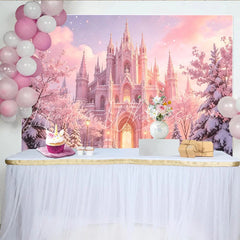 Lofaris Magical Pink Castle Photography Backdrop with Snowy Trees Enchanted Winter Background for Princess Photoshoot and Decor