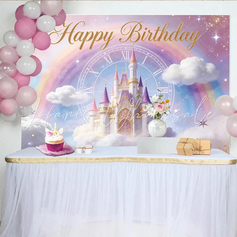Lofaris Magical Princess Birthday Backdrop with Castle and Rainbow Dreamy Photo Background for Girls Party Decoration