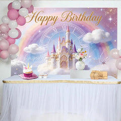 Lofaris Magical Princess Birthday Backdrop with Castle and Rainbow Dreamy Photo Background for Girls Party Decoration