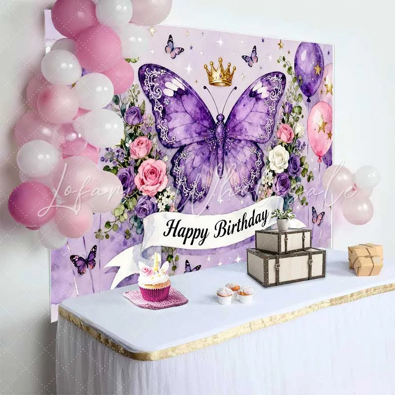 Lofaris Magical Purple Butterfly and Crown Happy Birthday Cake Smash Backdrop Pink Balloons and Flowers Party Decor