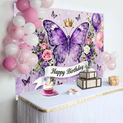Lofaris Magical Purple Butterfly and Crown Happy Birthday Cake Smash Backdrop Pink Balloons and Flowers Party Decor
