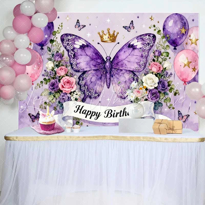 Lofaris Magical Purple Butterfly and Crown Happy Birthday Cake Smash Backdrop Pink Balloons and Flowers Party Decor