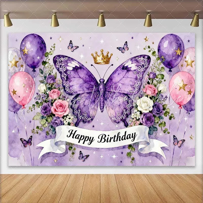 Lofaris Magical Purple Butterfly and Crown Happy Birthday Cake Smash Backdrop Pink Balloons and Flowers Party Decor