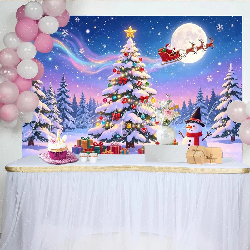 Lofaris Magical Snowy Christmas Backdrop with Decorated Tree and Santa Sleigh Full Moon and Aurora Festive Winter Holiday for Parties
