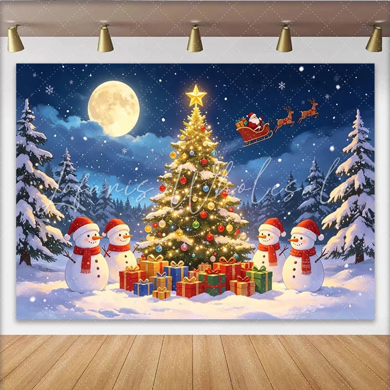 Lofaris Magical Snowy Christmas Tree Backdrop with Santa and Reindeer Festive Winter Wonderland Background for Holiday Party Decor