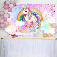 Lofaris Magical Unicorn Rainbow Backdrop Floral and Pink Glitter Photography Background for Happy Birthday Party
